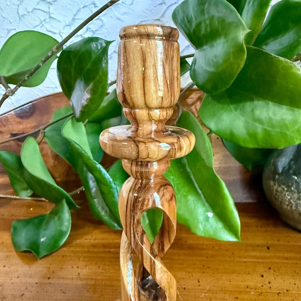 Vintage Hand Carved Olive Wood Candlestick Holder Twisted Openwork Taper Holder - Picture 2 of 8